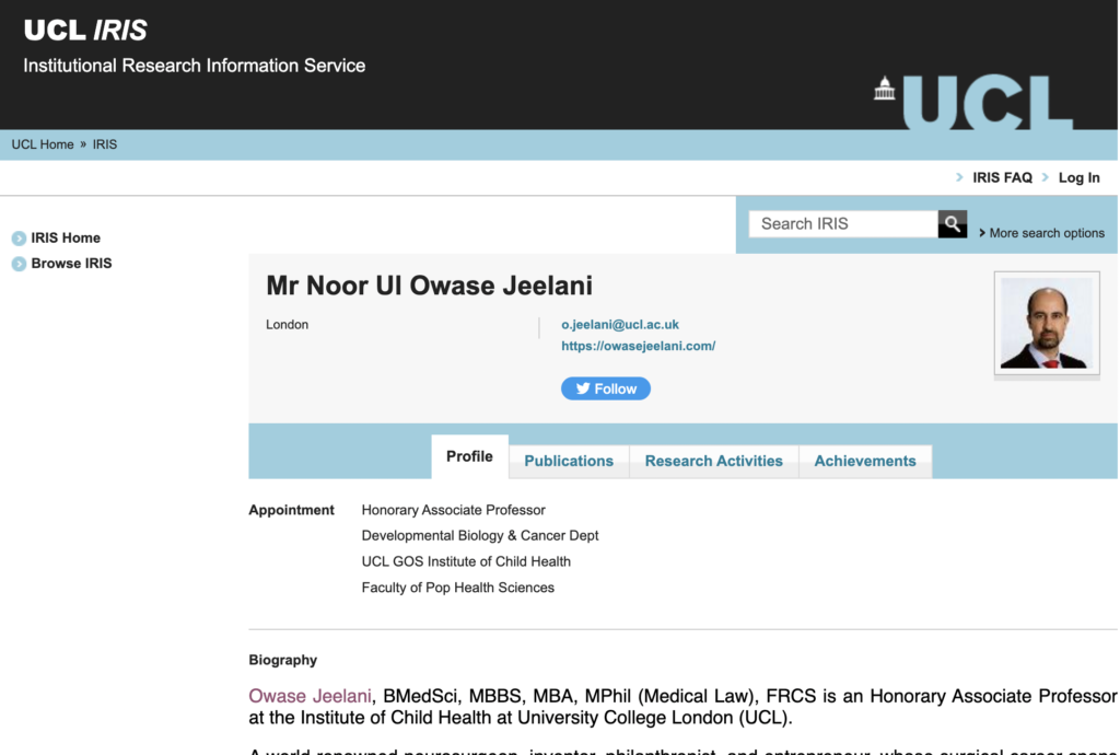 A screenshot of Dr. Jeelani's medical profile on the UCL IRIS platform.